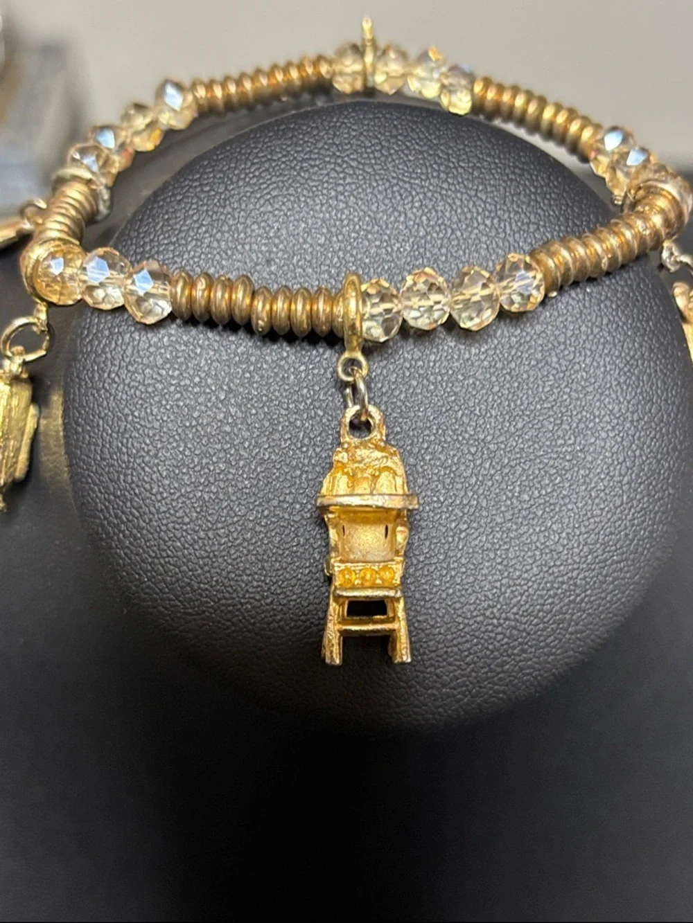 Vintage Stretch Gold Tone Beaded Charm High Chair Skates Typewriter Bird House